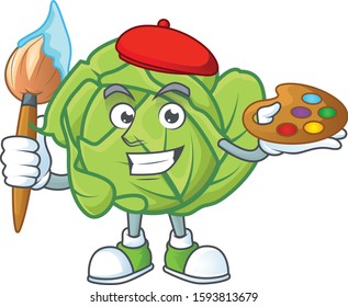 Happy cabbage painter cartoon icon with brush