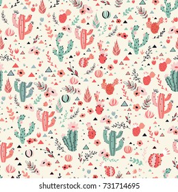 Happy cacti seamless pattern with lovely flowers. Good for posters, stickers, cards, notebooks and other childish accessories. Vector illustration.