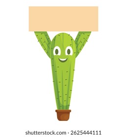 Happy cactus character holding blank sign board, smiling cartoon mascot for advertising