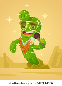 Happy cactus character sing song. Vector flat cartoon illustration