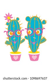 Happy cactus characters, couple in love 