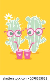 Happy cactus characters, couple in love