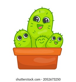 Happy cactus family flat vector illustration. Green cartoon characters in pot laughing. Family, togertheness concept