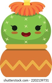 Happy Cactus With Flower. Blooming Succulent Cartoon Character