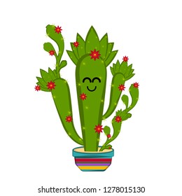 Happy cactus with flowers in a pot. Vector illustration design
