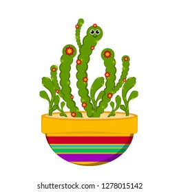 Happy cactus with flowers in a pot. Vector illustration design