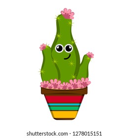 Happy cactus with flowers in a pot. Vector illustration design