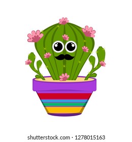 Happy cactus with flowers in a pot. Vector illustration design