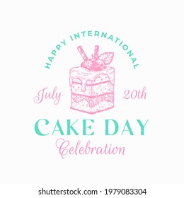 Happy Cake Day Celebration Confectionary Abstract Sign, Symbol or Label Template. Hand Drawn Sweet Peace with Candle, Fruits and Typography. Bakery Holiday Vector Emblem Concept. Isolated.