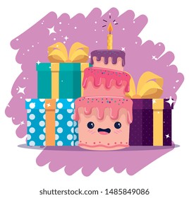 happy cake kawaii with presents gifts and ribbon bow