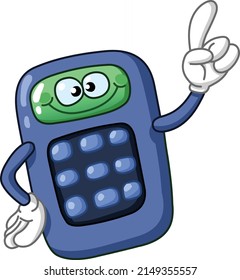 Happy calculator cartoon character pointing with his finger