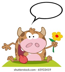 Happy Calf Cartoon Character With Flower With Speech Bubble