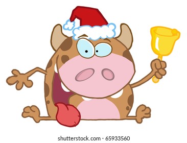 Happy Calf Cartoon Character Ringing A Bell