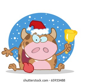 Happy Calf Character Ringing A Bell For Christmas