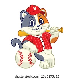 Happy Calico Cat Baseball Player Mascot