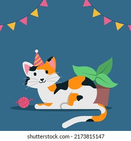 happy calico cat wear birthday hat party celebration for international cat day greeting card for pet