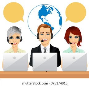 Happy call center agents talking on headsets using laptops 