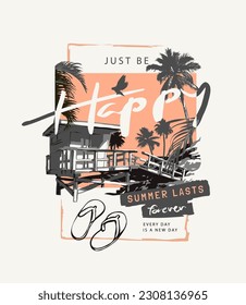 happy calligraphy slogan with beach hut and palm tree graphic vector illustration