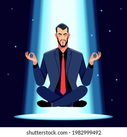 Happy calm business guru concentration astral universe on dark background. Businessman doing yoga to calm down stressful emotions from work. Concept of meditation. Modern cartoon vector illustration.