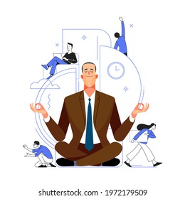 Happy calm Business man with closed eyes meditating in yoga lotus posture. Meditation practice. Concept of zen and harmony with business process and teamwork. Modern vector illustration