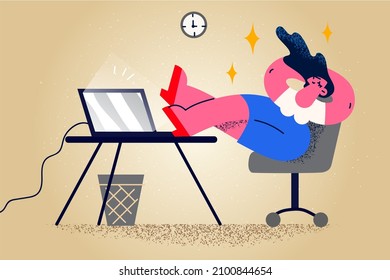 Happy calm businesswoman sit at desk in office relax daydream during working day. Relaxed woman employee rest at workplace take nap or break. Stress free. Flat vector illustration. 