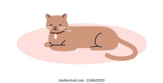 Happy calm cat sleeping, relaxing on mat. Cute home kitty lying, resting. Sleepy feline animal with collar. Quiet serene kitten on rag. Flat vector illustration isolated on white background