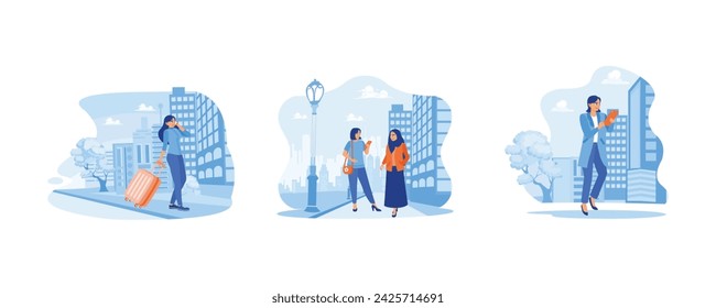Happy calm peaceful girl volunteer concept. Ready for a business trip. A woman in a hijab is walking with her female friend. set flat vector modern illustration