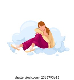 Happy calm relax and sleep on cloud of cute girl vector illustration. Cartoon isolated young woman lying on cloud in sky to enjoy freedom of heaven, mental health, time free from stress for person