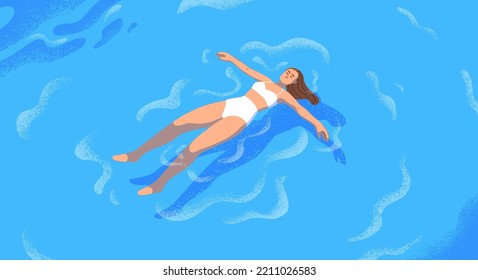 Happy calm woman floating, lying on water surface. Young girl in bikini swimming on back in sea, blue aqua. Serene female character relaxing in harmony on summer holiday. Flat vector illustration