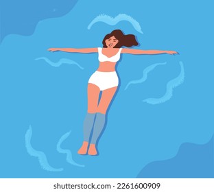 Happy calm woman floating, lying on water surface. Young girl in bikini swimming on back in sea, blue aqua. Serene female character relaxing in harmony on summer holiday. Flat vector illustration