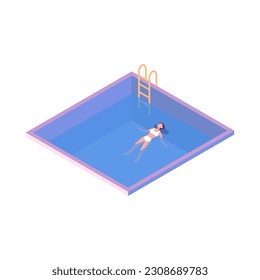 Happy calm woman floating, lying on water surface. flat style isometric illustration vector