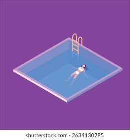 happy calm woman floating lying on water surface flat