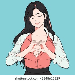 Happy calm young woman hold keep hands at chest feel grateful and thankful at heart