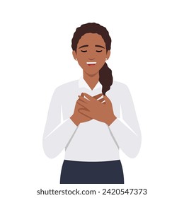 Happy calm young woman hold keep hands at chest feel grateful and thankful at heart. Flat vector illustration isolated on white background