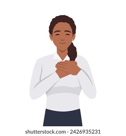 Happy calm young woman hold keep hands at chest feel grateful and thankful at heart. Smiling girl show love, compassion and care. Superstition and faith. Flat vector