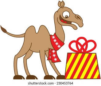 Happy camel wearing a red Christmas scarf, smiling and looking fully surprised when receiving a big and beautifully decorated gift