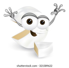 Happy camembert. A cute and funny camembert cartoon character with a big smile on a white background, joyfully waving hands, with raised arms.