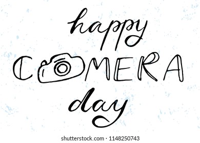 Happy Camera Day Vector Illustration on white background with blue texture and camera icon. Suitable for poster, banner, celebration tag and greeting card.