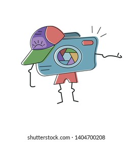 Happy camera logo. Funny doodle character.