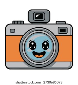 Fröhliche Kamera mit orangefarbenem Körper und Blitzfotografie