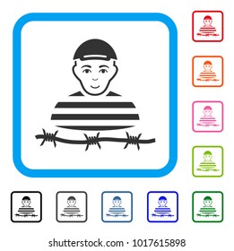 Happy Camp Prisoner vector pictogram. Human face has happy emotions. Black, gray, green, blue, red, orange color variants of camp prisoner symbol in a rounded square. A person in a cap.