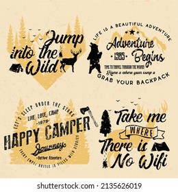 Happy Camper, Adventurer tshirt postcard poster graphic design badge, camping vintage logo design
