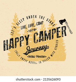 Happy Camper, Adventurer tshirt postcard poster graphic design badge, camping vintage logo design
