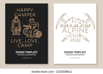 Happy Camper And Alpine Club Badge. Vector Illustration. Set Of Line Art Flyer, Brochure, Banner, Poster With Camp Lantern, Man With Guitar, Ice Axe And Mountain