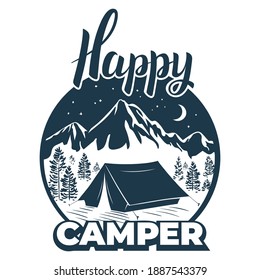 Happy camper. Camp, tent on the mountainside, winter. Calligraphic, lettering is a happy tourist. Vintage typographic design for for shirt or print, stamp or tourist logo. Vector illustration