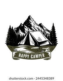 Happy camper camping adventure outdoor t shirt design illustration for travel lovers