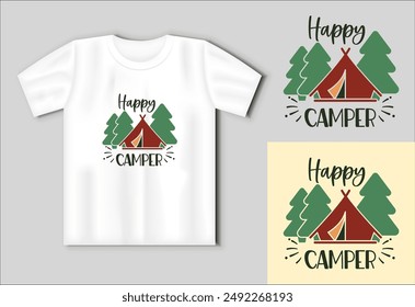 Happy Camper - Camping Quotes Camiseta de diseño, Adventure Vector EPS Archivos editables. Concepto de camping con maqueta de camiseta