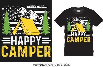 Happy camper, Camping therapy tent camp colorful Typography Vector t-shirt design template. Campfire funny motivation quote t shirt designs. ready for print, poster, banner, card, pod