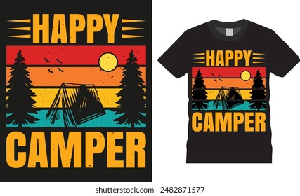 Happy camper, Camping therapy tent camp colorful Typography Vector t-shirt design template. Campfire funny motivation quote t shirt designs. Ready for print, poster, banner, card, pod