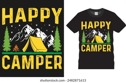Happy camper, Camping therapy tent camp colorful Typography Vector t-shirt design template. Campfire funny motivation quote t shirt designs. Ready for print, poster, banner, card, pod